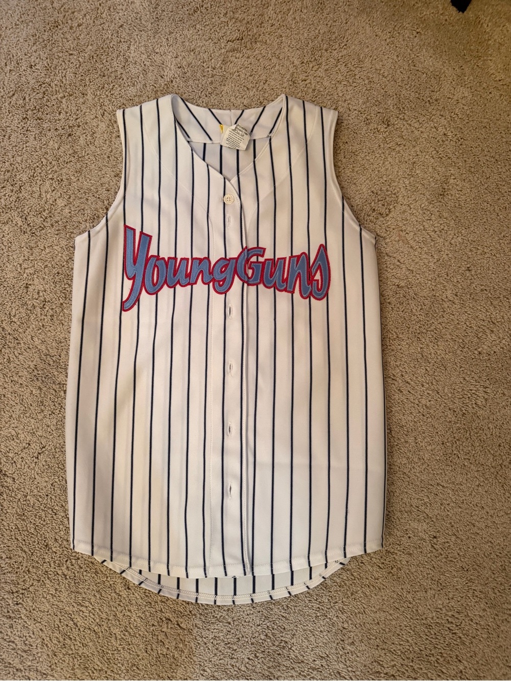 Sleeveless Pinstripe Young Guns Baseball Jersey - White with Blue & Red